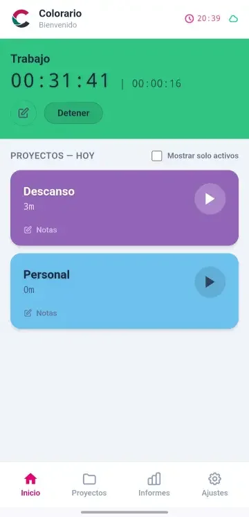Pantalla de Colorario con contador de trabajo, descansos y proyectos